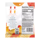 A colorful package of gummy candies featuring raspberry, strawberry, orange, and lemon flavors, with a detailed nutrition facts label highlighting low sugar and high fiber content.
