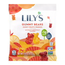 A colorful package of Lily's Gummy Bears features red, yellow, and orange gummy bears with the text "Sweet Fruity Friends," highlighting that they are low in sugar and gluten-free.