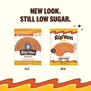 Two packages of RipVan Wafels honey and oats snacks are displayed side by side, showing the old design on the left and the new design on the right, with text highlighting the low sugar content.
