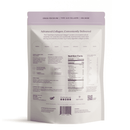 A resealable pouch of advanced collagen powder features a light purple top, detailed nutrition facts, and information on amino acids and usage directions for convenient supplementation.
