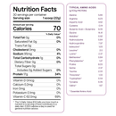 A nutrition facts label lists serving size, calories, and detailed information on protein, fats, carbohydrates, vitamins, and typical amino acids for a dietary supplement product.