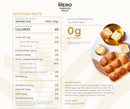 Nutrition facts for Hero Hawaiian Rolls display serving size, calories, and ingredients alongside a plate of golden-brown rolls, highlighting their low net carbs and dietary fiber content.