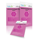 Three packages of "Advanced Collagen Plus Patch" are displayed, featuring a pink background, highlighting benefits like collagen types, vitamins C and D, and hypoallergenic fabric.