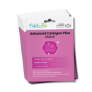 A package of Advanced Collagen Plus Patches by PatchAid, featuring a pink background, highlights benefits for joint health and skin appearance, and includes information on collagen types and vitamins.