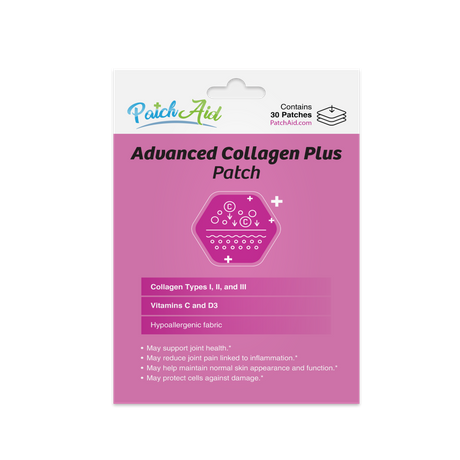 A pink packaging for "Advanced Collagen Plus Patch" displays details about collagen types, vitamins, and benefits, with a graphic icon and text highlighting its hypoallergenic fabric and health support claims.