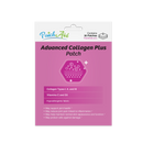 A pink packaging for "Advanced Collagen Plus Patch" displays details about collagen types, vitamins, and benefits, with a graphic icon and text highlighting its hypoallergenic fabric and health support claims.
