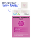 A pink box labeled "Advanced Collagen Plus Patch" displays patches with a new design, featuring benefits like joint support and skin health, along with a note about the product's updated look.