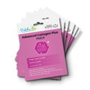 A stack of product packages for "Advanced Collagen Plus Patch" featuring a pink design, highlighting benefits like joint health support and containing vitamins C and D3, with a note on hypoallergenic fabric.