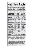 A nutrition facts label displays serving size, calories, and detailed nutrient information, including fat, cholesterol, sodium, carbohydrates, fiber, sugars, and protein content for a food product.