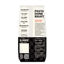 A pasta package labeled "Pasta Done Right" features nutritional information highlighting high protein, lower carbs, and artisan quality, with cooking instructions and a QR code for more details.