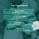 Four key ingredients are listed on a green background: quercetin for seasonal comfort, stinging nettle for breathing support, bromelain for inflammation, and vitamin C for immune health.