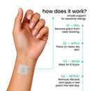 A hand with neatly manicured nails holds a skin patch on the wrist, accompanied by step-by-step instructions for using the patch to manage seasonal allergies.