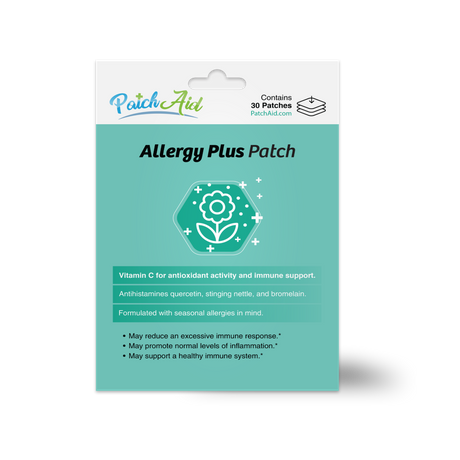 A product package for Allergy Plus Patch features a teal background with a flower graphic, highlighting its benefits for immune support and seasonal allergies, and includes details about its ingredients and effects.