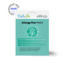 A package for Allergy Plus patches features a flower icon, highlights ingredients like Vitamin C and antihistamines, and includes benefits for seasonal allergy relief, set against a teal background.