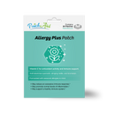 A product package for Allergy Plus Patch features a teal background with a flower graphic, highlighting its benefits for immune support and seasonal allergies, and includes details about its ingredients and effects.