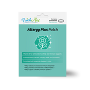 A product package for Allergy Plus Patch features a teal background with a flower graphic, highlighting its benefits for immune support and seasonal allergies, and includes details about its ingredients and effects.