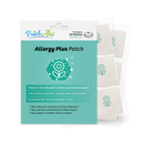 A package of Allergy Plus patches featuring a flower design, highlighting benefits like immune support and antioxidant activity, with instructions and details about the ingredients on a teal background.