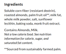 A list of ingredients for a food product, including roasted almonds, milk powder, and palm fruit oil, with notes on allergens and nutritional information.