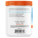 A white container with an orange lid displays information about Doctor's Best Pure L-Arginine powder, highlighting its benefits for cardiovascular health and athletic performance.