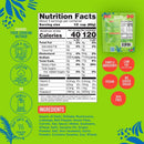 A colorful nutrition facts label for a food product displays serving size, calorie content, and ingredients like hearts of palm and shiitake mushrooms, with cooking instructions highlighted on a bright green background.