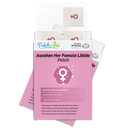 A package of "Awaken Her Female Libido Patch" features a pink design with a female symbol, displaying product benefits and ingredients, and contains 30 hypoallergenic patches for enhancing female libido.
