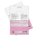A product packaging for a skin patch, featuring instructions for use, ingredients, and cautionary notes, with a pink background and a barcode at the bottom.