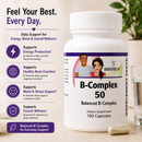 Sustained Release B‑Complex 50 vegetarian capsules by BariatricPal with key features listed out to the side.