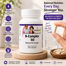 Sustained Release B‑Complex 50 vegetarian capsules by BariatricPal with key features listed out to the side.