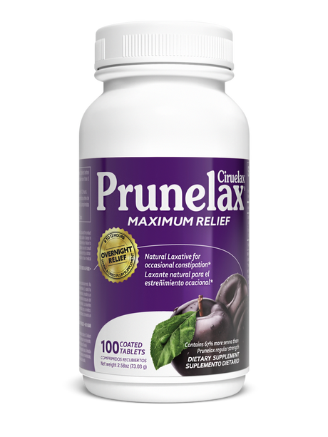 A white bottle of Prunelax dietary supplement, labeled "Maximum Relief," contains 100 coated tablets and features a purple design with a plum and leaf illustration, promoting natural laxative benefits.