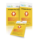 Three packages of B-Complex Plus Patch by PatchAid are displayed, featuring bright yellow backgrounds, highlighting benefits like vitamin content and health support, with a light bulb graphic symbolizing energy.