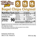Nutrition label for ThinSlim Foods Original Bagel Chips, detailing serving size, calories, and nutritional content including protein, fiber, and net carbs, with ingredient list and distribution information.
