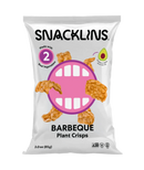 A bag of Snacklins Barbeque Plant Crisps features a playful design with a large pink mouth graphic, showcasing crispy snacks made from real vegetables and highlighting their avocado oil content.