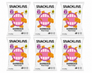 Six bags of Snacklins Barbeque Plant Crisps are arranged in two rows, each featuring a playful design with a pink circle and cartoon mouth, emphasizing the product's plant-based ingredients.