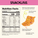 Nutrition facts for Snacklins, featuring a crunchy snack made from yuca, mushrooms, and onions, highlighting its low calorie count of 100 per serving and unique texture.