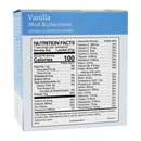 A blue box labeled "Vanilla Meal Replacement" displays nutrition facts, including calories, serving size, and various vitamins and minerals, indicating it contains 100 calories per packet.