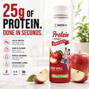 A bottle of Bariatric Pal Protein + Collagen Power Shots in Crisp Apple flavor sits on a counter with sliced apples, highlighting its 25 grams of protein and suitability for an active lifestyle.