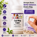 A hand holds a single capsule from a white supplement bottle labeled BariatricPal Cal-Mag Caps against a bright, clean background with promotional text and icons about bone health benefits.