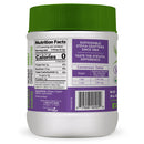 A green-lidded container of stevia sweetener features a nutrition facts label, highlighting zero calories and a conversion table for sugar alternatives, with branding emphasizing sustainability and ethical sourcing.
