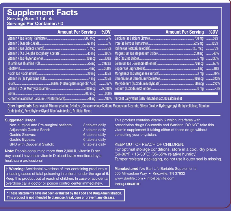 Bari Life Complete "All-In-One" Bariatric Multivitamin Tablets (Non-Chewable)