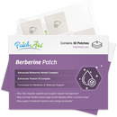 A product packaging for PatchAid's Berberine Patch, featuring a purple section highlighting benefits for metabolic support, alongside a transparent display of the patches and ingredient details.