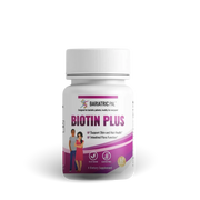 Bottle of BariatricPal Biotin Plus, a vegetarian and gluten-free supplement formulated to support skin, hair and intestinal flora. Contains 60 capsules.