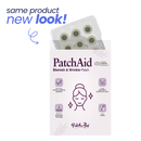 A box of PatchAid Blemish & Wrinkle Patches is displayed with a new design, featuring a graphic of a serene face and icons highlighting its natural ingredients and microneedle technology.