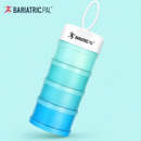 A stackable, gradient-colored container with a white lid and handle, labeled "BariatricPal," is displayed against a light blue background, showcasing its practical design for meal prep or storage.