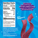 Nutrition facts label for blue raspberry candy strips, highlighting their chewy texture and sour flavor, set against a colorful background with playful design elements.