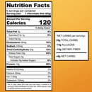 A nutrition facts label for a chocolate roll shows serving size, calories, and detailed breakdown of fats, carbs, protein, and vitamins against an orange background.