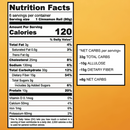 A nutrition facts label displays information for a cinnamon roll, including calories, total carbs, dietary fiber, and net carbs, set against a bright orange background.