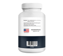 A white supplement bottle with a gray lid displays usage instructions, storage guidelines, and a barcode, featuring a label indicating it is manufactured in the USA and available for purchase online.