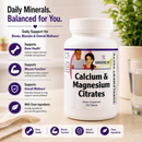 A white bottle of BariatricPal Calcium & Magnesium Citrates dietary supplement, 250 tablets, displayed on a wooden surface next to a glass of water. The background is a warm beige with a soft-focus green plant, and the left side features a promotional text panel detailing the benefits of the supplement.