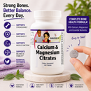 A white bottle of BariatricPal Calcium & Magnesium Citrates dietary supplement is shown on a marble coaster, with a hand holding a single round tablet. The image includes key benefits text, icons for bone and muscle support, and feature badges at the bottom.