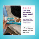A hand holds an "Inspire Peanut Butter & Jelly" protein bar on a countertop, with a blue water bottle and a black bag in the background, showcasing a product review highlighting its taste and protein benefits.